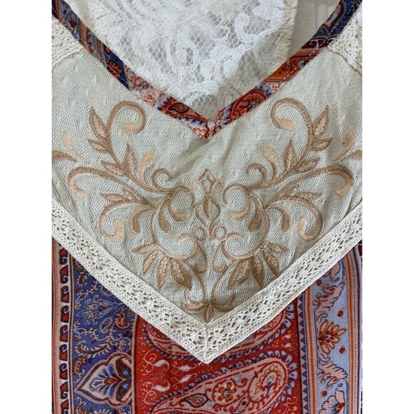 "Miss Me"Lace & Paisley Sleeveless V Back sheer top. Sz XS Red/Blue/Coral - Picture 2 of 11